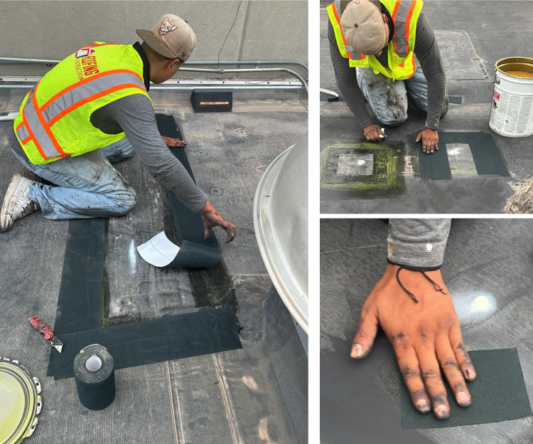 certified roofers performing Commercial Roof Repairs after an emergency leak on a downtown El Paso building.
