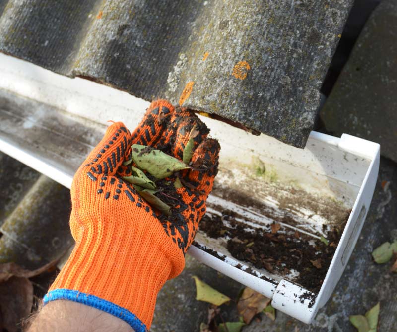 Roofer in orange work glove scooping out dirt and fallen leaves to clear a clogged white rain gutter